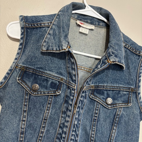 80s Vintage Christina Denim Fitted Zip Vest Button Pockets Size Small - Picture 6 of 10